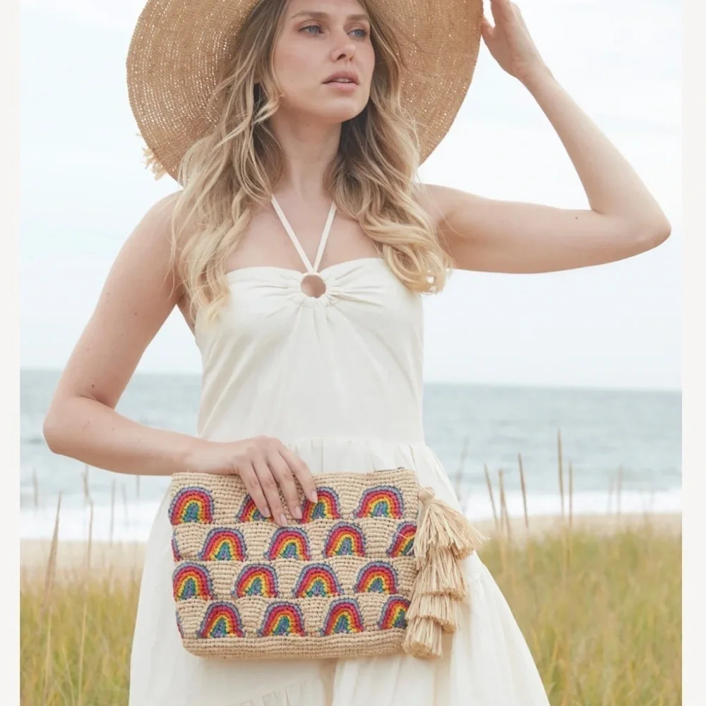 NEW Mar Y Sol Iris Rainbow Woven Clutch